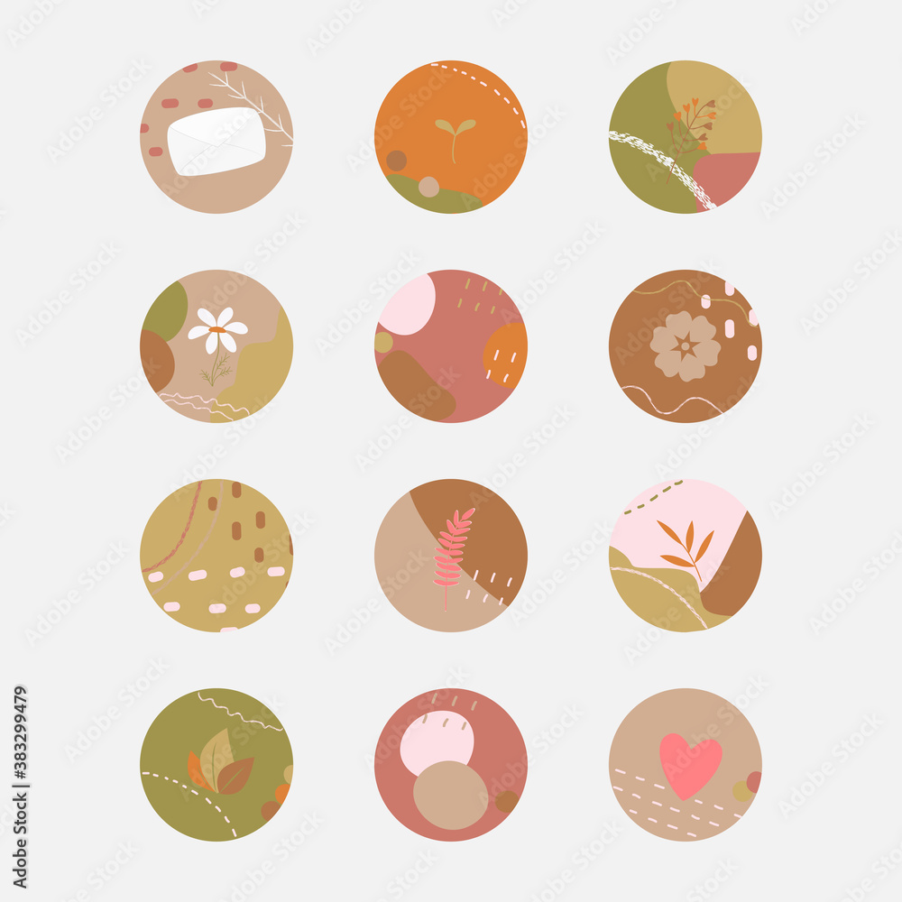 Vector set of various round abstract backgrounds in fall colors. Icons template for instagram story highlight covers for bloggers, for social media, and for business, scrapbooking or bullet journal.