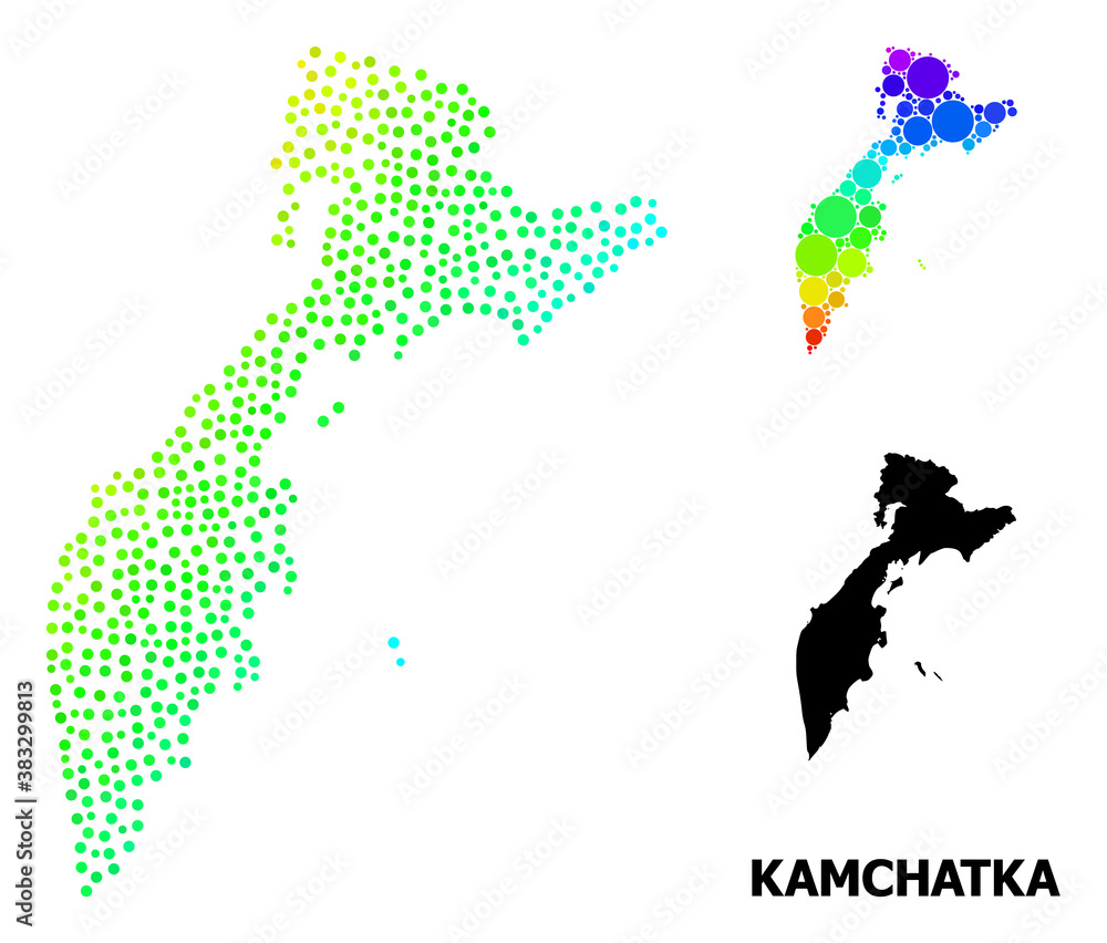 Dot spectral, and monochrome map of Kamchatka Peninsula, and black name. Vector structure is created from map of Kamchatka Peninsula with circles. Abstraction is useful for political posters.