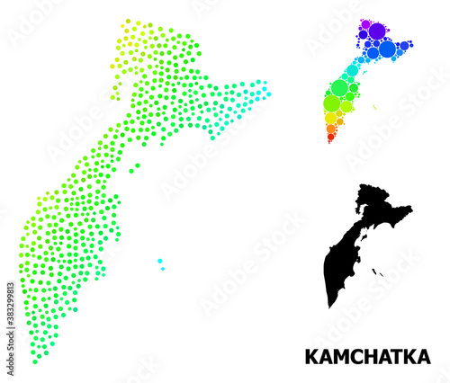 Dot spectral, and monochrome map of Kamchatka Peninsula, and black name. Vector structure is created from map of Kamchatka Peninsula with circles. Abstraction is useful for political posters.