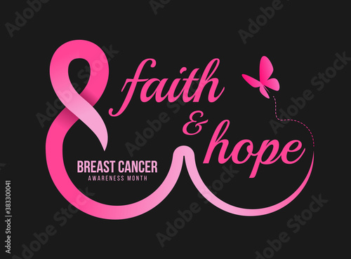 breast cancer awareness month - faith and hope text in pink ribbon roll made breast and butterfly on black background