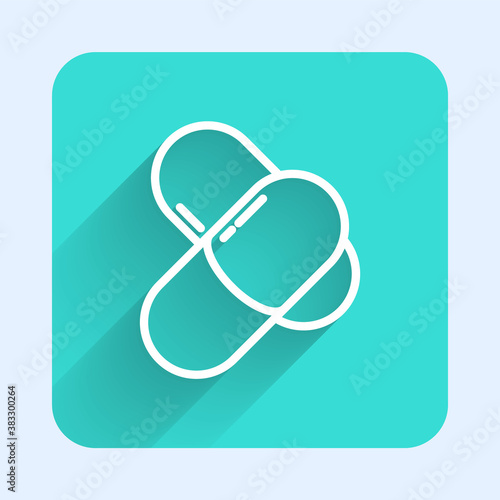 White line Sports nutrition bodybuilding proteine power drink and food icon isolated with long shadow. Green square button. Vector.
