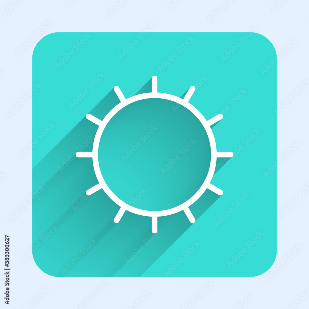 White line Sun icon isolated with long shadow. Summer symbol. Good sunny day. Green square button. Vector.