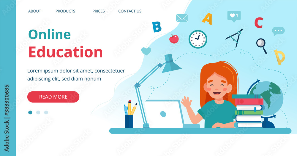 Online learning template with girl studying with computer. illustration in flat style