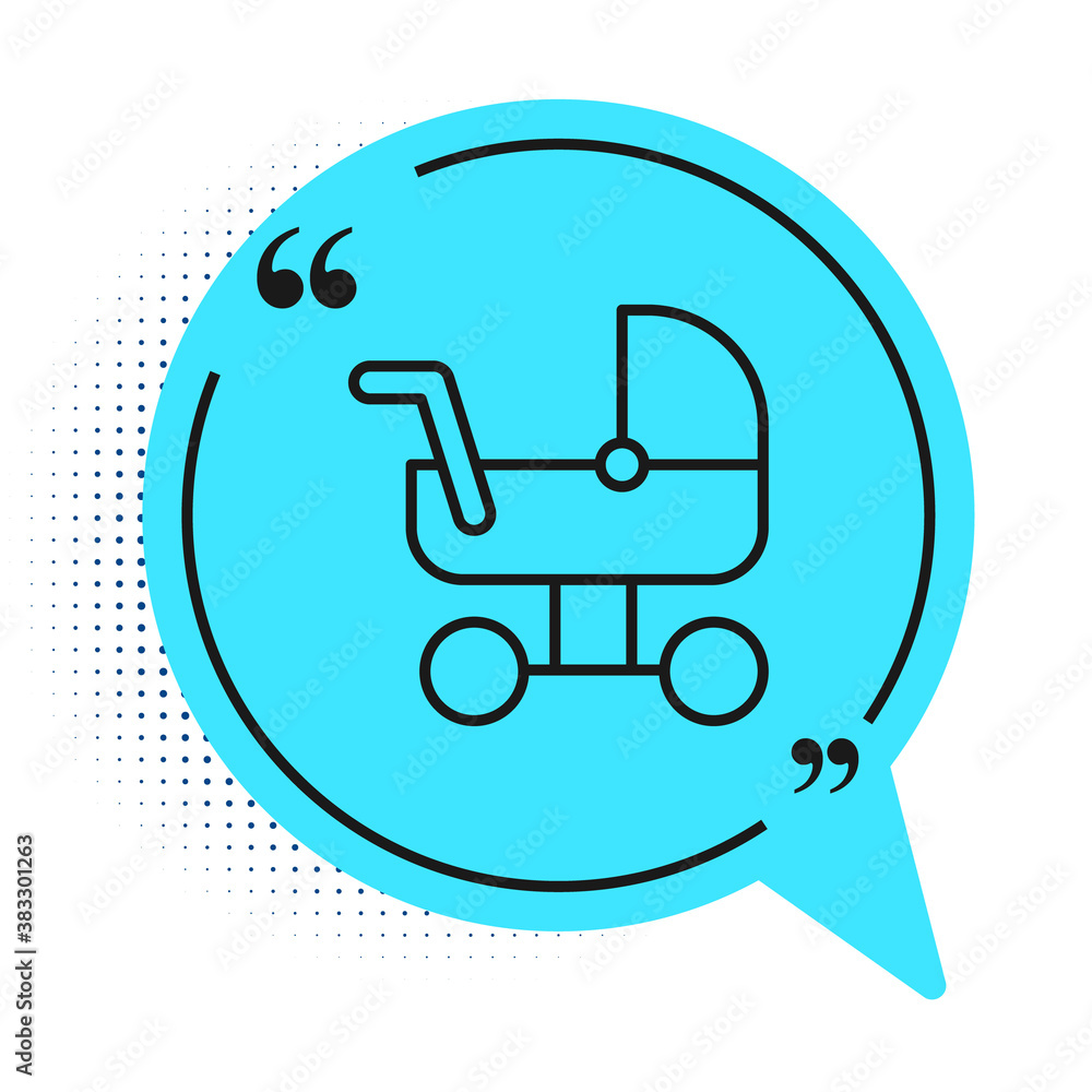 Black line Baby stroller icon isolated on white background. Baby carriage, buggy, pram, stroller, wheel. Blue speech bubble symbol. Vector. Black line Baby stroller icon isolated on white background. Baby carriage, buggy, pram, stroller, wheel. Blue speech bubble symbol. Vector.