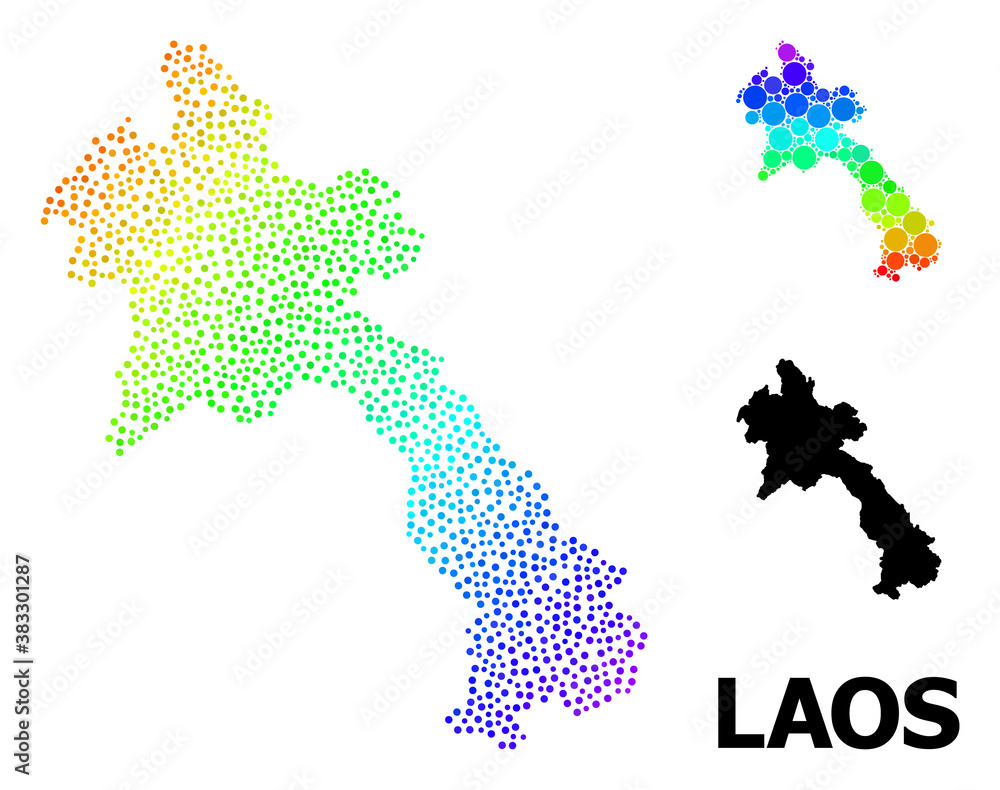 Dotted rainbow gradient, and monochrome map of Laos, and black title. Vector structure is created from map of Laos with round dots. Collage is useful for geographic ads. Colorful gradient map of Laos,