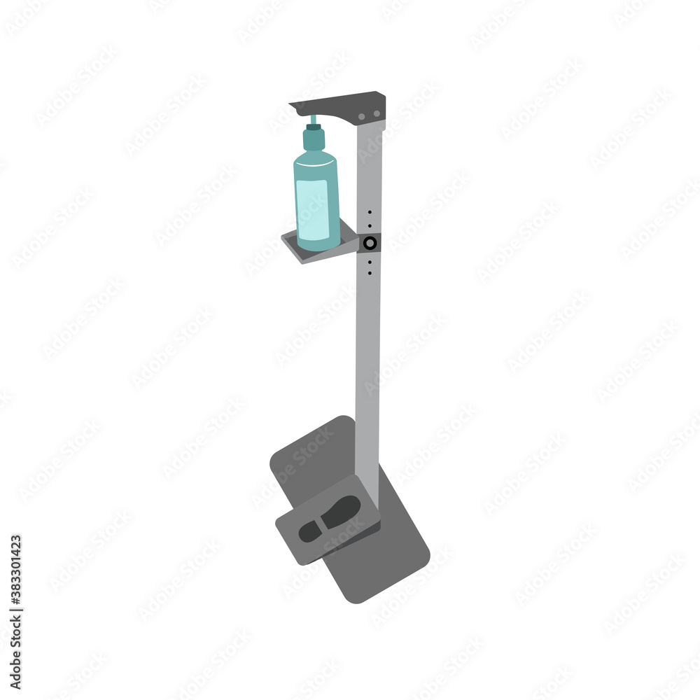 Concept the new normal using foot pedals to pump hand sanitizer gel for washing hands. Before entry the public place. Vector illustration in flat cartoon design. Physical distance, safe distance. Concept the new normal using foot pedals to pump hand sanitizer gel for washing hands. Before entry the public place. Vector illustration in flat cartoon design. Physical distance, safe distance.