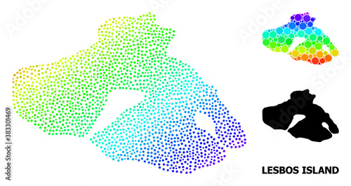 Pixel bright spectral, and solid map of Lesbos Island, and black caption. Vector model is created from map of Lesbos Island with circles. Collage is useful for geographic posters.