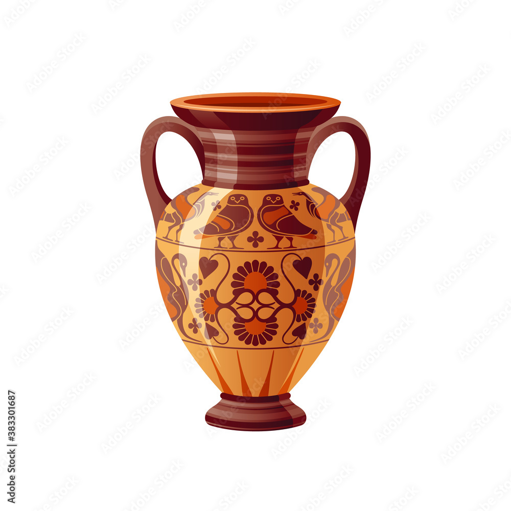 Ancient Greek vase. Pottery vector. Antique jug from Greece. Old clay amphora, pot, urn or jar for wine and olive oil. vintage ceramic icon isolated. Flat cartoon art with ornament decor, owls, flower