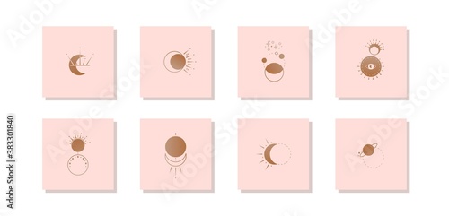 Set of various Moons. Simple minimalistic Icons. Logo template. Trendy vector illustration. Astrology, esoteric, yoga, alchemy concept. Print idea. Boho abstract style. All elements are isolated