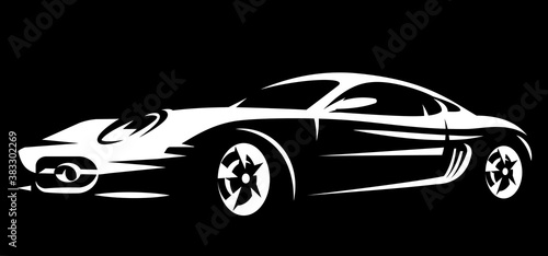 White sportcar on black background. Pattern for design. Monochrome vector illustration
