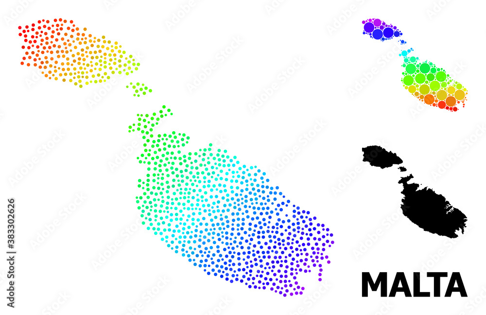 Pixel rainbow gradient, and monochrome map of Malta, and black title. Vector model is created from map of Malta with round dots. Template is useful for political ads. Bright gradient map of Malta,