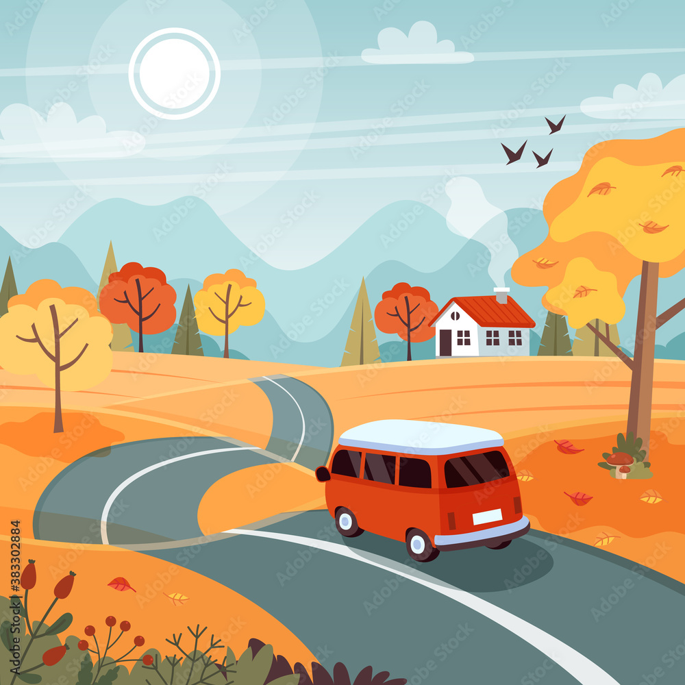 Autumn trip. Landscape with a cute van on the road. illustration in flat style