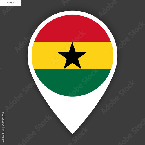 Ghana marker icon with shadow on dark grey background. Ghana pin icon with white border isolated on barely dark background.