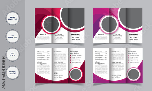 Spa trifold brochure template Vector Design.
Brochure Flyer Layout Template.
Template details:
Easy Customization and Editable
A4 format with bleed
Illustrator CS6/CC+ or later
CMYK, Print Ready, 