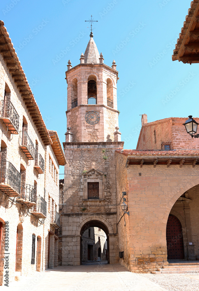 Tower of the Asuncion church in Cantavieja, Teruel province, Aragon, Spain, built in 1612