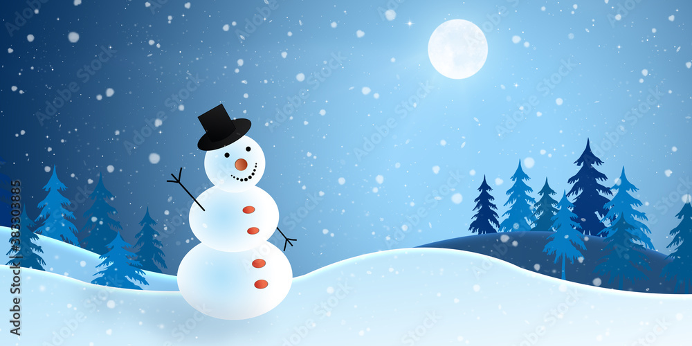 Snowman standing in xmas forest landscape. Merry christmas and happy new year greeting card. Snow background. Winter fairytale. Snowman standing in xmas forest landscape. Merry christmas and happy new year greeting card. Snow background. Winter fairytale.