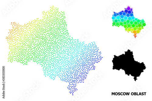 Pixelated bright spectral, and monochrome map of Moscow Region, and black caption. Vector structure is created from map of Moscow Region with round dots. Illustration for political ads.