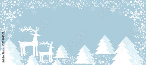 Christmas holiday. Background Blue color and snowflakes Christmas trees. Mom deer and baby deer. Cartoon art.