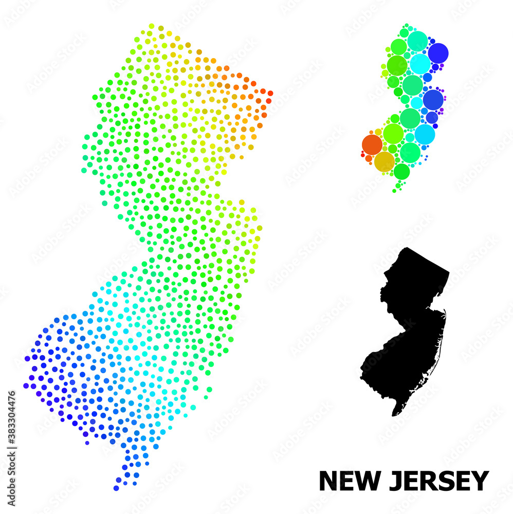 Pixelated spectral, and solid map of New Jersey State, and black title. Vector structure is created from map of New Jersey State with spheres. Collage is useful for geographic posters.