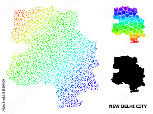 Pixel rainbow gradient, and solid map of New Delhi City, and black title. Vector structure is created from map of New Delhi City with spheres. Illustration designed for political posters.