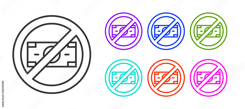 Black line No money icon isolated on white background. Prohibition of money. Set icons colorful. Vector. Black line No money icon isolated on white background. Prohibition of money. Set icons colorful. Vector.