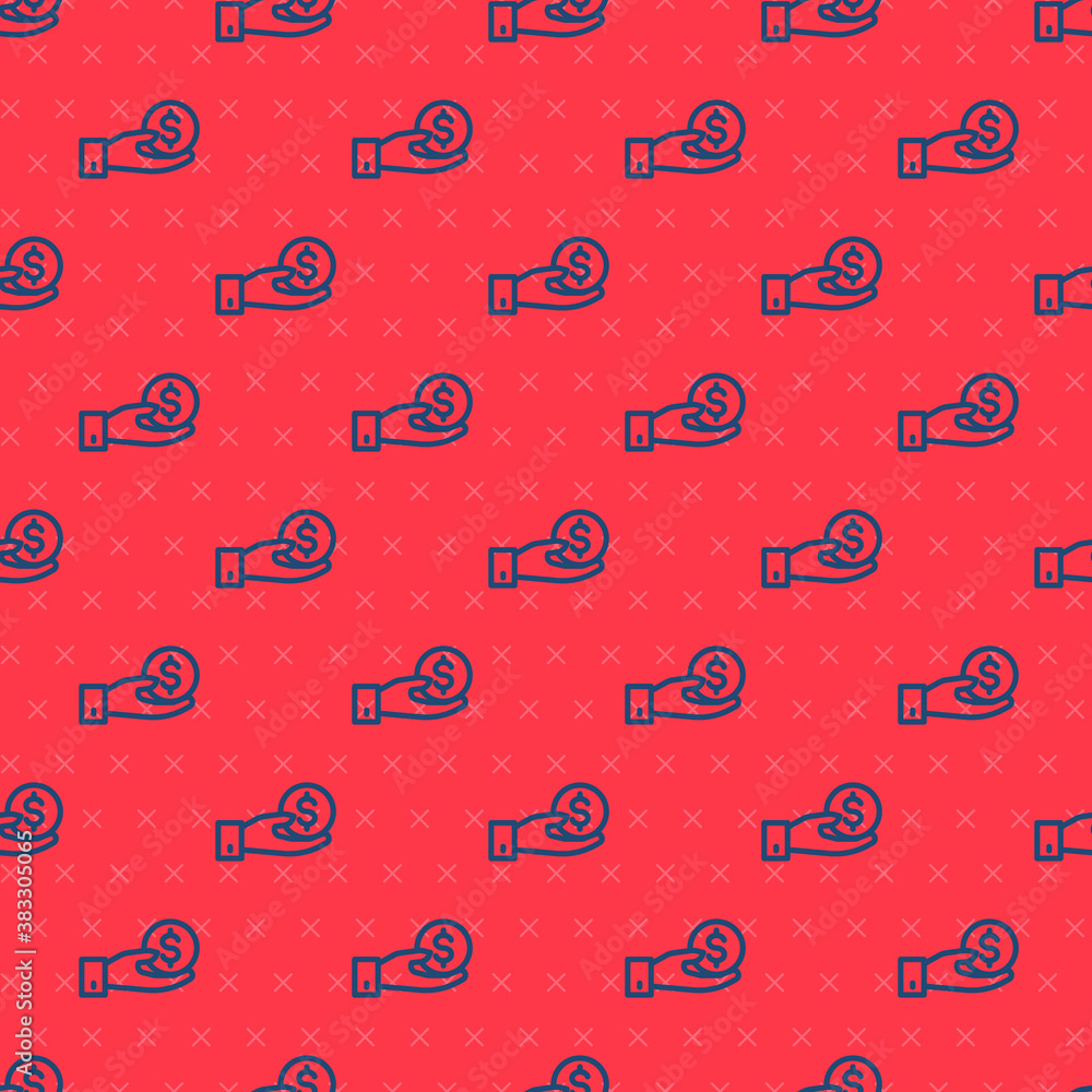 Blue line Human hand giving money icon isolated seamless pattern on red background. Receiving money icon. Vector. Blue line Human hand giving money icon isolated seamless pattern on red background. Receiving money icon. Vector.