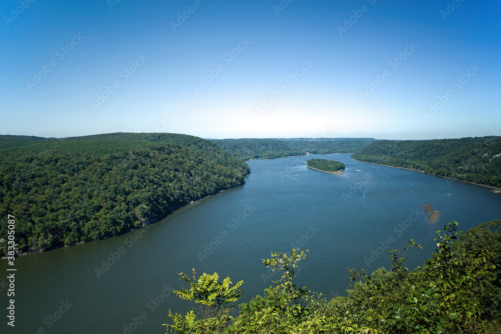 Susquehanna River in PA, USA on a summer autumn day. It is the longest river on the East Coast of the United States that drains into the Atlantic Ocean, via the Chesapeake Bay.  