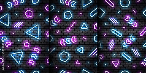Vector set of realistic isolated neon seamless patterns with blue and purple colors for template and layout on the seamless wall.