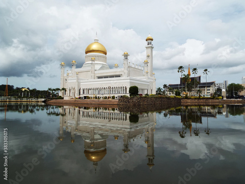 Bandar Seri Begawan, Brunei, January 29, 2017: Sultan Omar Ali Saifuddin Mosque reflected in the water of a lake in Brunei