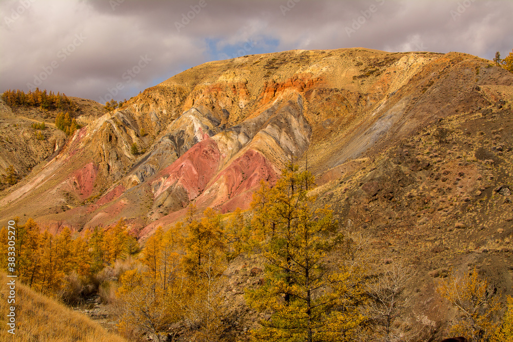 Amazing multi-colored mountains. Sandstone erosion, unusual colored rocks. Rainbow mountains in Altai.
