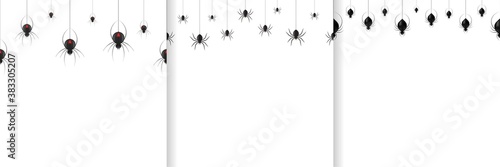 Vector set of realistic isolated seamless pattern with hanging spiders and black widow for template decoration and invitation covering. Concept of Happy Halloween.