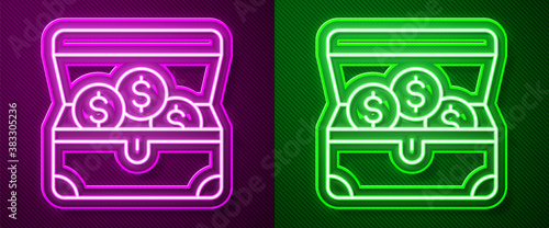 Glowing neon line Treasure chest icon isolated on purple and green background. Vector.