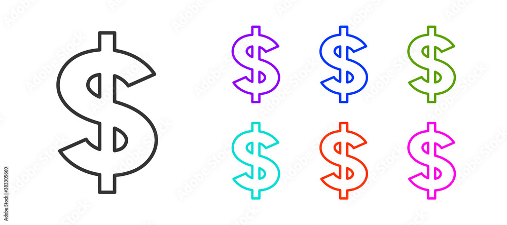Black line Dollar symbol icon isolated on white background. Cash and money, wealth, payment symbol. Casino gambling. Set icons colorful. Vector. Black line Dollar symbol icon isolated on white background. Cash and money, wealth, payment symbol. Casino gambling. Set icons colorful. Vector.