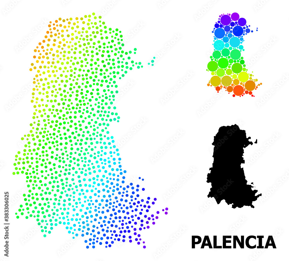 Obraz premium Dotted bright spectral, and solid map of Palencia Province, and black title. Vector model is created from map of Palencia Province with round dots. Illustration is useful for political purposes.