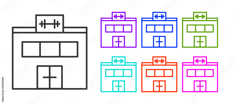 Black line Gym building icon isolated on white background. Sport club. Set icons colorful. Vector. Black line Gym building icon isolated on white background. Sport club. Set icons colorful. Vector.