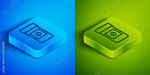 Isometric line Sports doping, anabolic drugs icon isolated on blue and green background. Anabolic steroids tablet. Pills in jar. Square button. Vector.