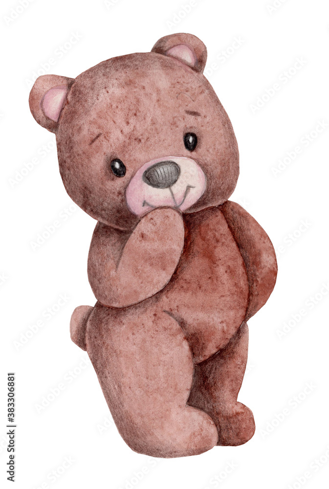 Fototapeta premium Cute cartoon brown teddy bear, standing. Watercolor hand drawn art, isolated on white background.