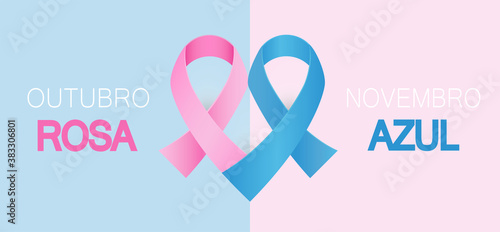 Pink and blue awareness ribbon vector. Breast and prostate cancer together in heart shape. Pink October blue November concept.