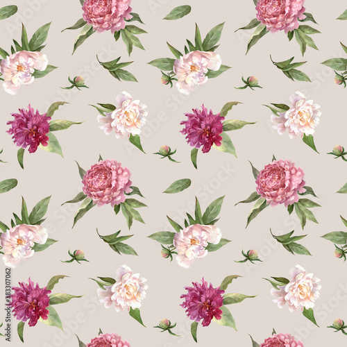 watercolor seamless pattern with peonies, peony flowers and leaves © Valentina