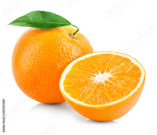 Fresh orange with leaves isolated on white. Orange fruit isolate.