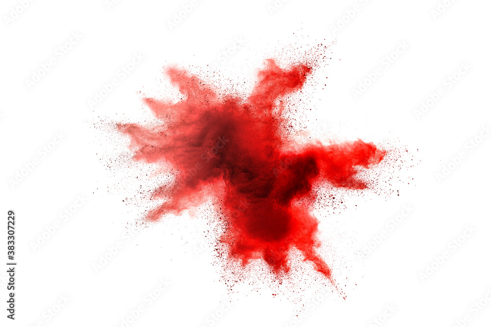 Explosion of red powder isolated on white background. 