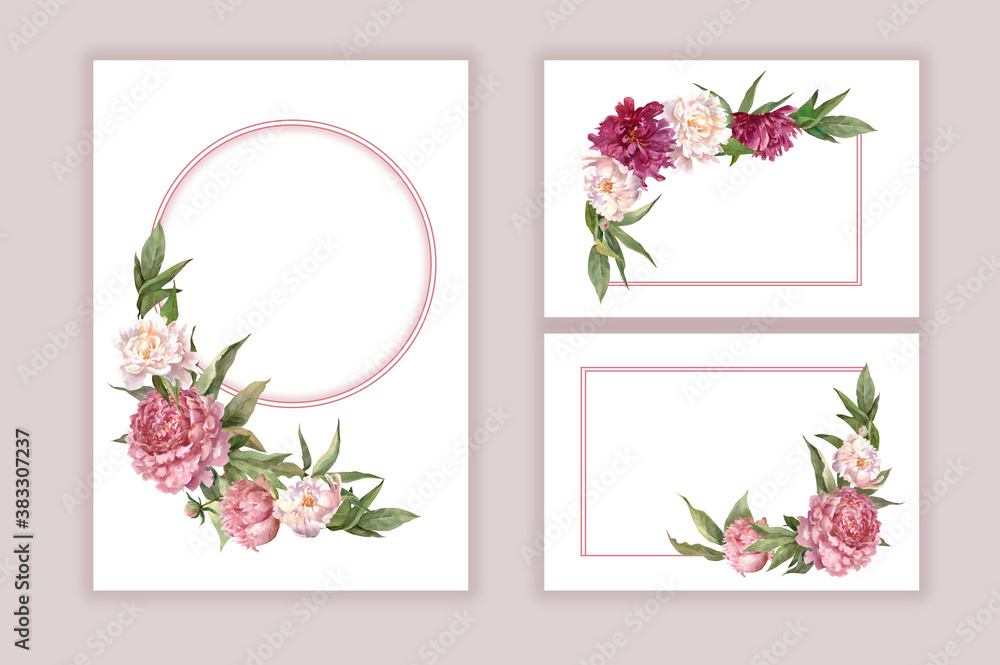 set watercolor flower arrangement, frame, wreath with flowers and leaves of peonies set watercolor flower arrangement, frame, wreath with flowers and leaves of peonies