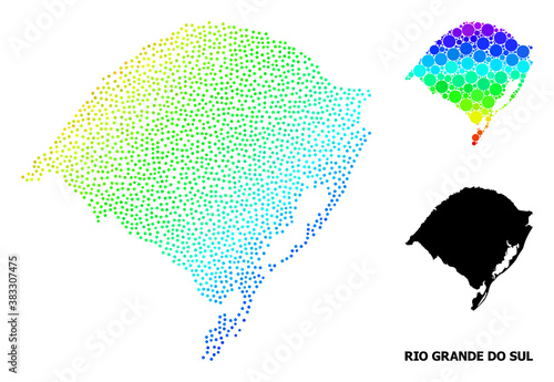 Dot spectrum, and monochrome map of Rio Grande do Sul State, and black title. Vector model is created from map of Rio Grande do Sul State with round dots. Illustration for geographic aims.