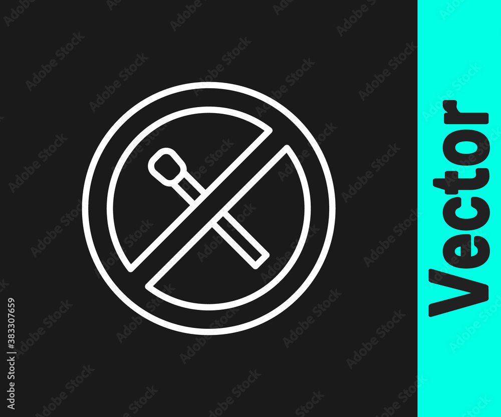White line No fire match icon isolated on black background. No open flame. Burning match crossed in circle. Vector. White line No fire match icon isolated on black background. No open flame. Burning match crossed in circle. Vector.