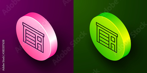 Isometric line Building of fire station icon isolated on purple and green background. Fire department building. Circle button. Vector.