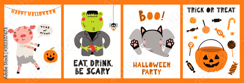 Kids Halloween cute animals in party costumes trick or treating, ghosts, pumpkin, candy, fun cards collection. Hand drawn vector illustration. Scandinavian style flat design. Concept for card, invite.