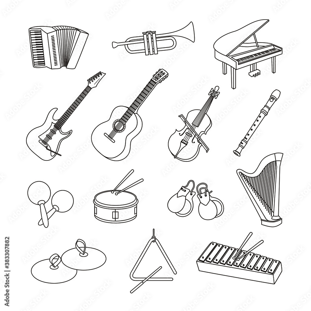 Instrumentos musicales. Guitarra, batería, piano, trompeta, violín,  castañuelas y muchos más. Ilustración vectorial en blanco y negro. vector  de Stock | Adobe Stock