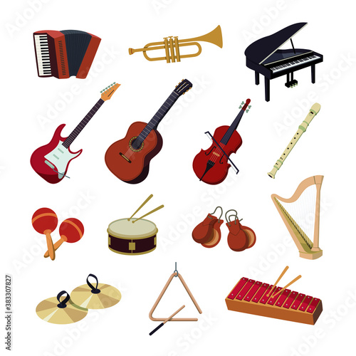 Instrumentos musicales. Guitarra, batería, piano, trompeta, violín, castañuelas y muchos más. Ilustración vectorial sobre fondo blanco.