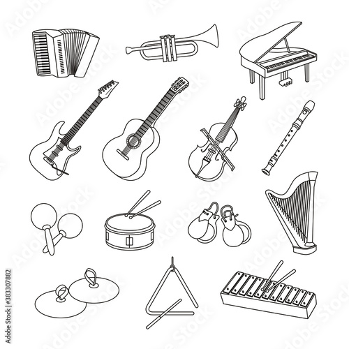 Instrumentos musicales. Guitarra, batería, piano, trompeta, violín, castañuelas y muchos más. Ilustración vectorial en blanco y negro. photo