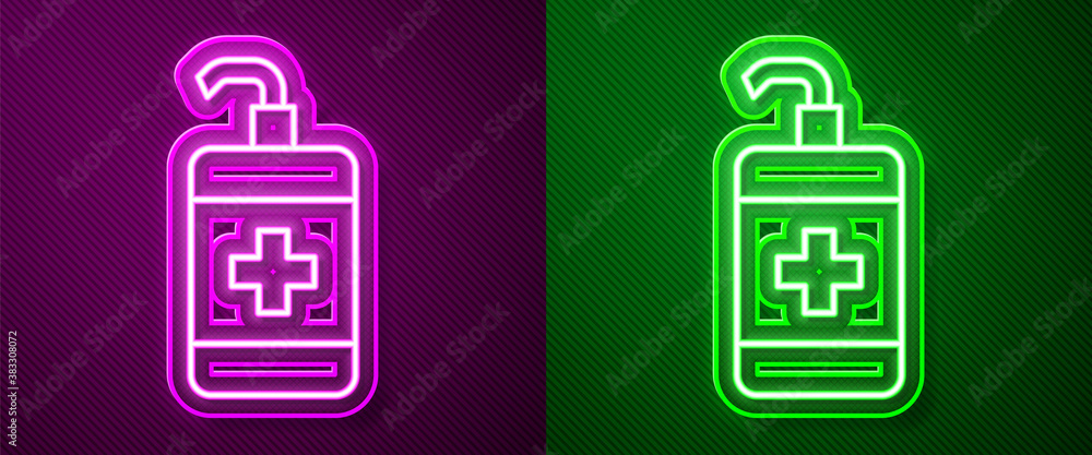 Glowing neon line Hand sanitizer bottle icon isolated on purple and green background. Disinfection concept. Washing gel. Alcohol bottle for hygiene. Vector. Glowing neon line Hand sanitizer bottle icon isolated on purple and green background. Disinfection concept. Washing gel. Alcohol bottle for hygiene. Vector.